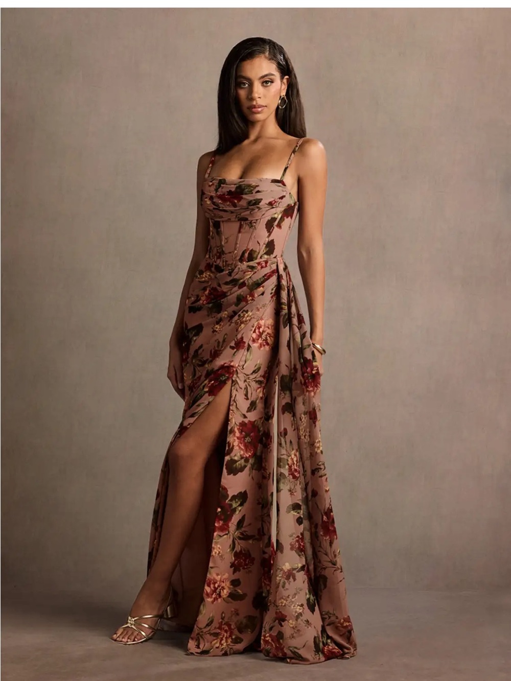 Floral Slip Maxi Dress in Beige with Side Slit - Picture 3 of 6